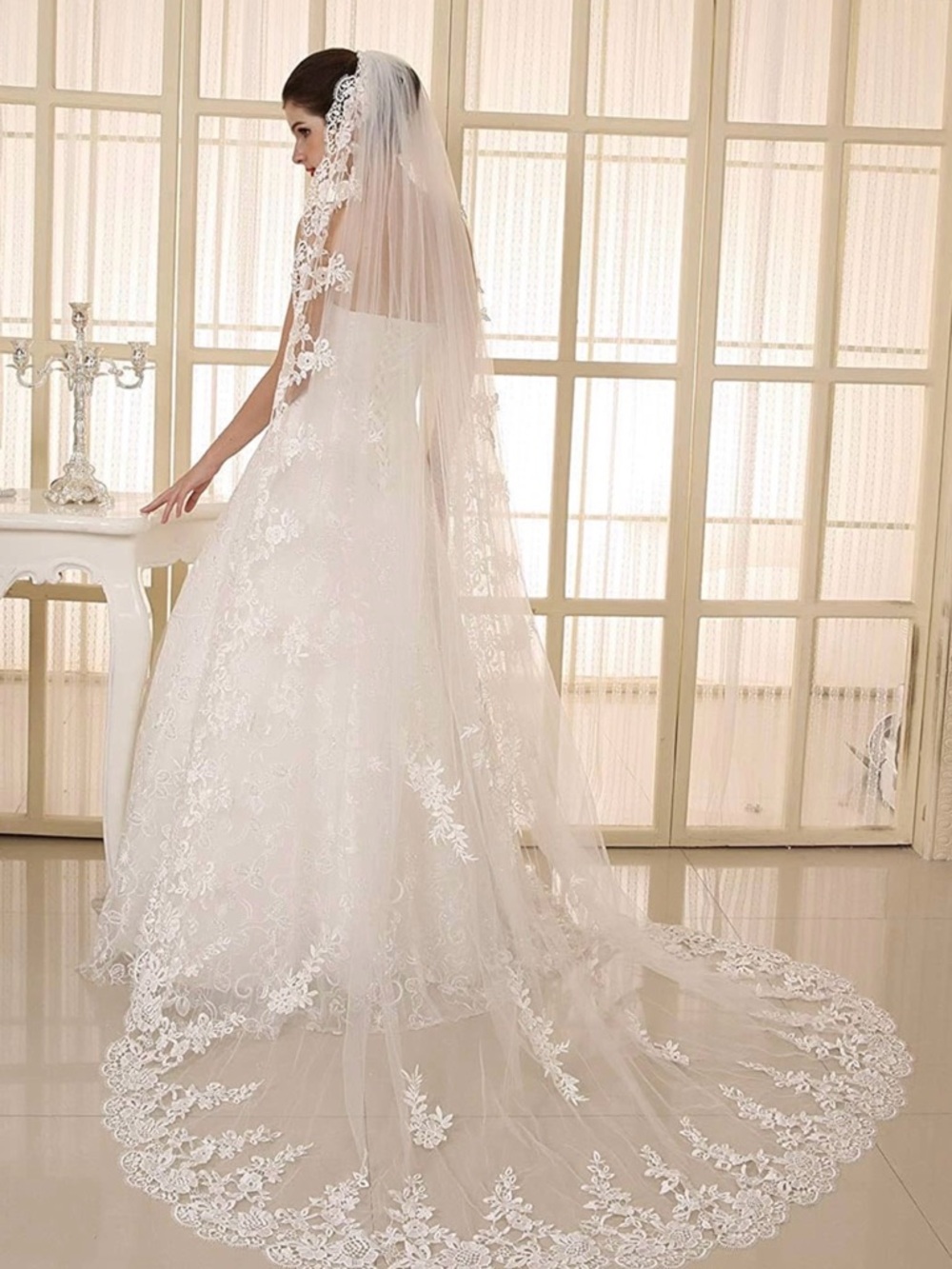 EllieHouse Women's Wedding 1 Tier White Lace Long Train Bridal Veil with Comb